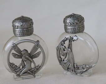 Perfume bottle, Jj Jonette Pewter, and clear glass, fairy motif, Art Nouveau,