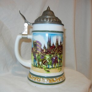 Milk Glass Pewter lid Beer Stein BMF Bierseidel Colorful German Beer Stein Mug German BMF Beer Mug, Glass Beer Jug, Pewter Lid Beer Mug