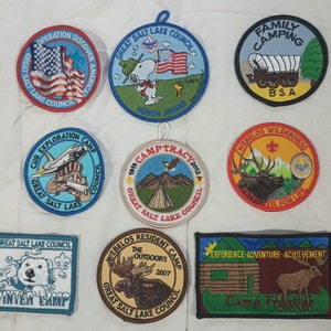 Parches BSA, Escultismo, Scouts, Parches antiguos, Camp Tracy, Campamento de exploración, Discover America, Campamento de invierno, Webelos, Cub, Snoopy, frontera