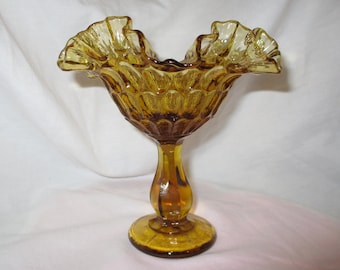 Vintage Amber Ruffle Compote, Fenton, Amber Glass, Thumb print, candy dish, trinket catchall, keepsake, midcentury modern vibe