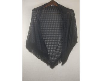 Vintage Cathy Accessories Black Lace Triangle Shawl Fringe Evening Wrap Sheer