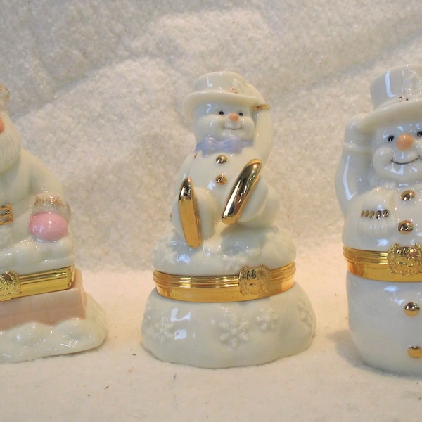 Christmas box, Lenox treasures boxes, Hand painted , Surprise box, Snowman skating, Snowman with tree, Santa special delivery