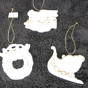 Avon Bisque Porcelain Ornaments with 24 K Gold Accents. Christmas Ornament, Christmas, Holiday Decor,  sled, angel, wreath