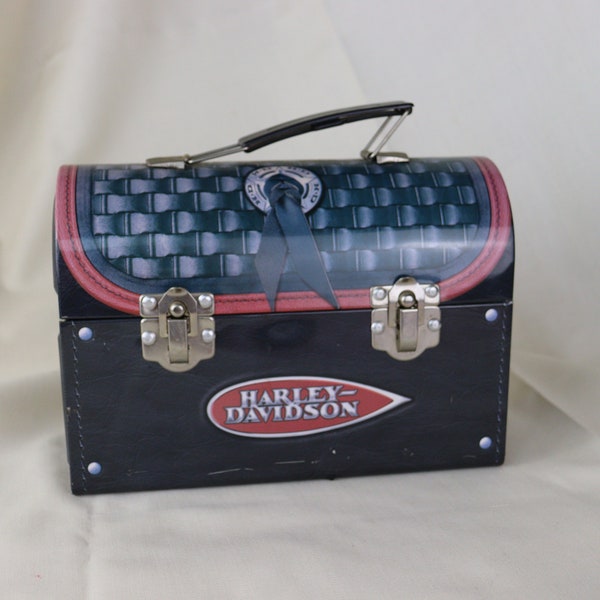 Harley Davidson tin lunchbox, Vintage Lunch Box with Handle and Lid, Saddlebag style, metal, black and red, motorcycle