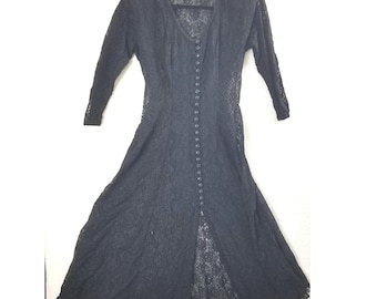 Black Lace Victorian Gothic Vampire Corset Dress Maxi Long Sleeve Button Front