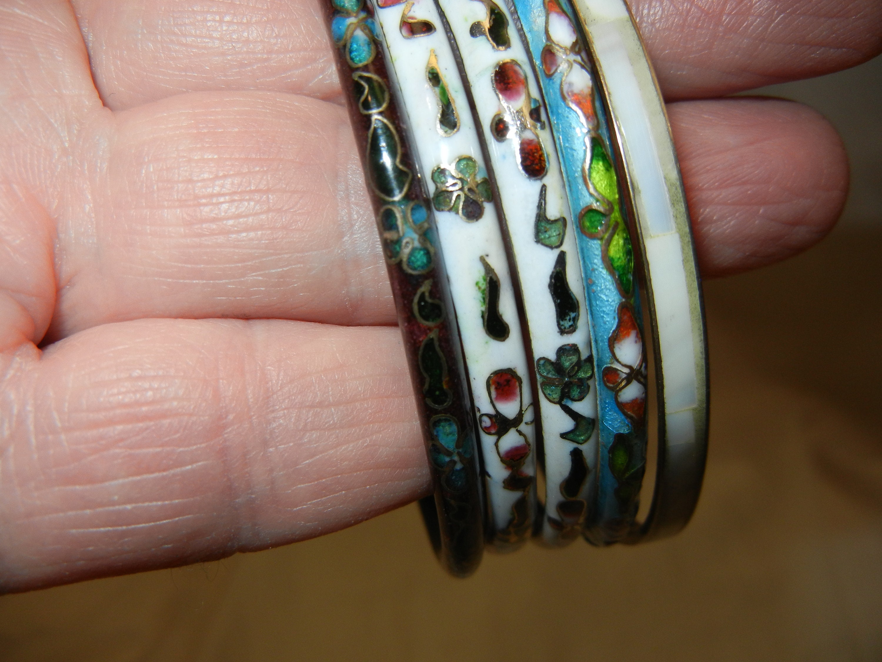 Bracelet Rigide Ancien En Argent Et Nacre Cloisonné - Bijou Vintage - Modèle 5021