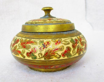 Enameled brass jar with lid, etched and painted, India, Trinket catch jewelry jar keepsake jar, midcentury modern, colorful red  lidded jar