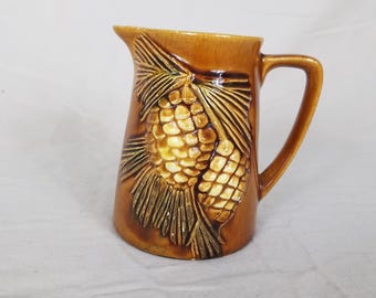 Pinecone Pitcher Small Brown Good Vintage Rustic Lodge Relief Design flower vase