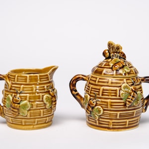 Vintage Honeybee Beehive Honey Pot and Cream Pitcher Set - Mid-Century Modern Tea Accessories