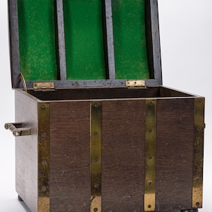 Antique Oak Treasure Chest: 1920s Brass-Strapped Storage Trunk