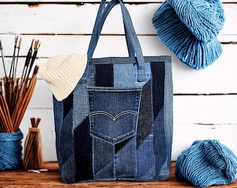 Versatile Quilted Craft Bag for Knitting, Crochet & Everyday Use, Handcrafted Denim Patchwork Tote