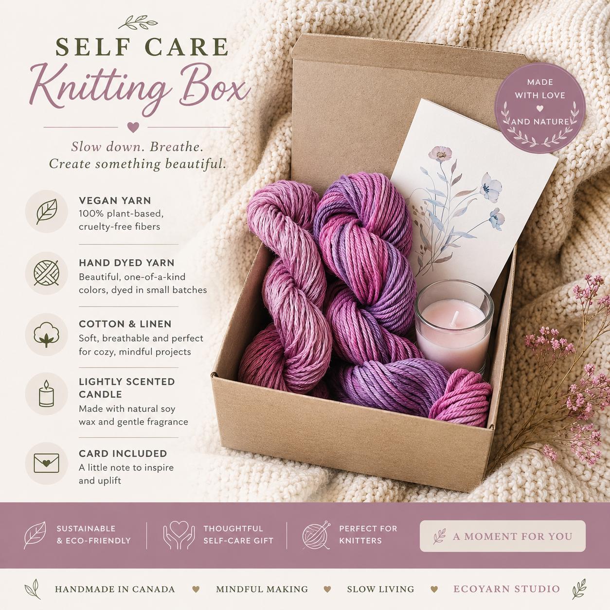 Self-Care Knitting Gift Box Organic Cotton & Cotton-Linen Yarn Vegan Knitting Gift Cozy Craft Box Gift for Knitters