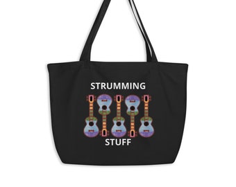 Large organic tote bag - Black, Blue/Purple Ukulele Themed, 20" X 14" X 5"