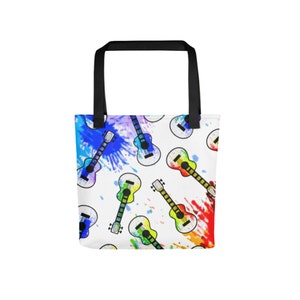 Tote bag- White, Splatter Paint, Ukulele Themed, 15&quot; x 15&quot; x 5&quot;