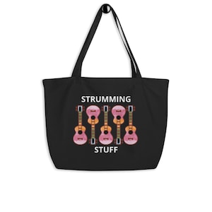 Large organic tote bag - Black, Pink Ukulele Themed, 20&quot; X 14&quot; X 5&quot;