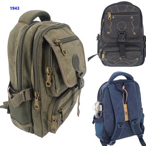 May include: Three canvas backpacks in different colors. The first backpack is green with brown accents and a mesh pocket. The second backpack is black with brown accents and a buckle closure. The third backpack is blue with brown accents and a water bottle holder.