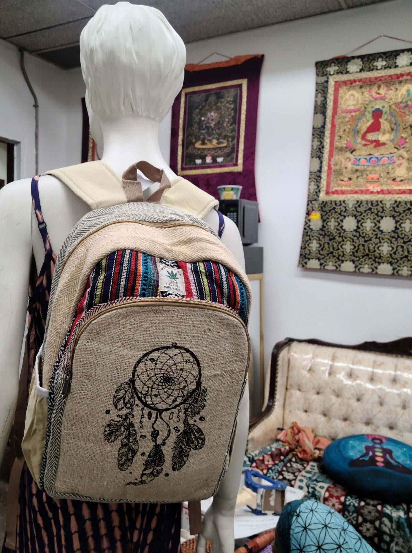 Dream Catcher Hemp Backpack  | Eco Friendly | Boho | Handmade | Unisex | Nepal Dream Catcher Backpack Bag - SLOW main image 3