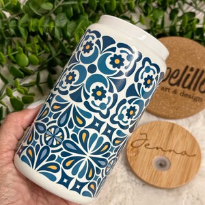 Talavera Glass Iced Coffee Cup: White 16oz with Bamboo Lid & Straw
