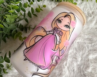 Princess Inspired Glass Can, Princess Inspired Glass Iced Coffee Cup with Bamboo Lid and Straw, Gift for Friend, Aesthetic 16oz