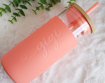 Engraved Glass Tumbler with Bamboo Lid & Silicone Sleeve: Personalized Water Bottle