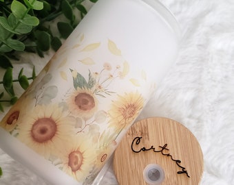 Sunflower Glass Iced Coffee Cup with Bamboo Lid & Straw