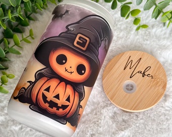 Halloween Glass Coffee Cup, Cute Halloween Glass Iced Coffee Cup with Bamboo Lid and Straw, Iced Coffee Glass, Gift Friend, Coffee Aesthetic