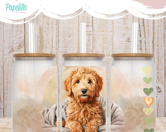 May include: Three clear glass tumblers with bamboo lids and straws. Each tumbler features a different design: one with a watercolor background, one with a dog wearing a blanket, and one with a row of colorful hearts.