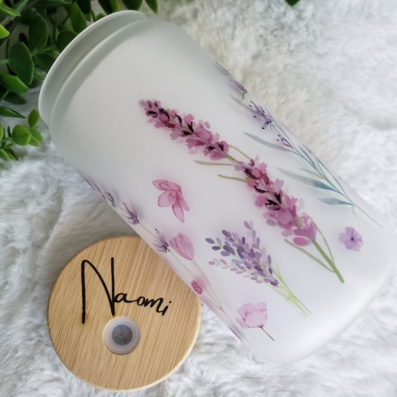 Lavender Field Glass Iced Coffee Cup with Bamboo Lid & Straw