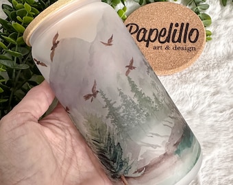 Mountain Pine Tree Iced Coffee Glass with Bamboo Lid (16oz)