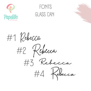 May include: Four different font styles for the name "Rebecca" are shown in black ink on a white background. The text "FONTS" and "GLASS CAN" are also shown in black ink on a white background.