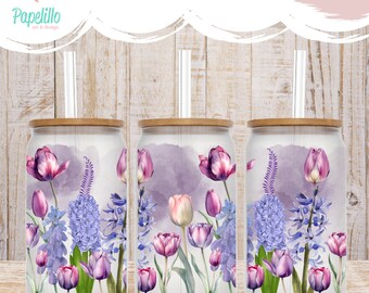 Purple Floral Glass Coffee Cup: Iced Coffee with Bamboo Lid & Straw