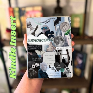 May include: Kindle Insert with a collage design. The design includes the text "LUTHORCORPS", a bald man, chess pieces, a moon, and a butterfly. Other phrases include "Who is in control?" and "The Villain".