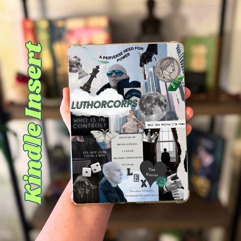 May include: Kindle Insert with a collage design. The design includes the text "LUTHORCORPS", a bald man, chess pieces, a moon, and a butterfly. Other phrases include "Who is in control?" and "The Villain".