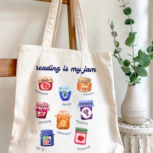 Bookish Reading Is My Jam Cotton Canvas Tote Bag | Literary Library Bookworm Gift, Grocery Shopping Eco Friendly Carryall, Book Lover Tote,