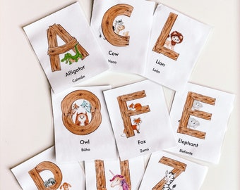 FLASHCARDS ALPHABET - ALPHABET Animaux, Cartes Montessori, Anglais et Espagnol, Flashcards espagnols, Flashcard bilingue, Animal Montessori
