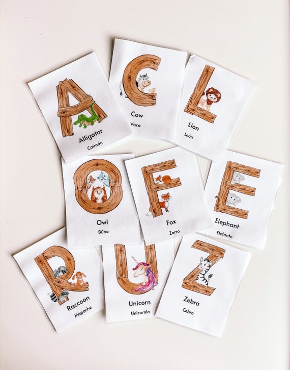 ALPHABET FLASHCARDS - ALPHABET Animals, Montessori Cards, English & Spanish, Spanish Flashcards, Bilingual Flashcard, Animal Montessori
