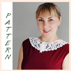 May include: A woman wearing a maroon sleeveless dress with a white crocheted collar.