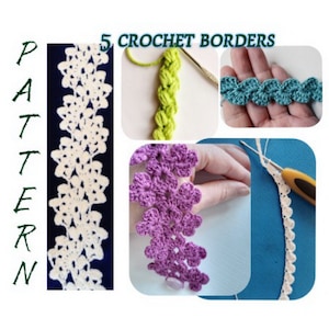 Pode incluir: Cinco padrões de borda de crochê em diferentes cores, incluindo branco, verde, azul e roxo. A imagem inclui o texto "5 CROCHET BORDERS" e "PATTERN".