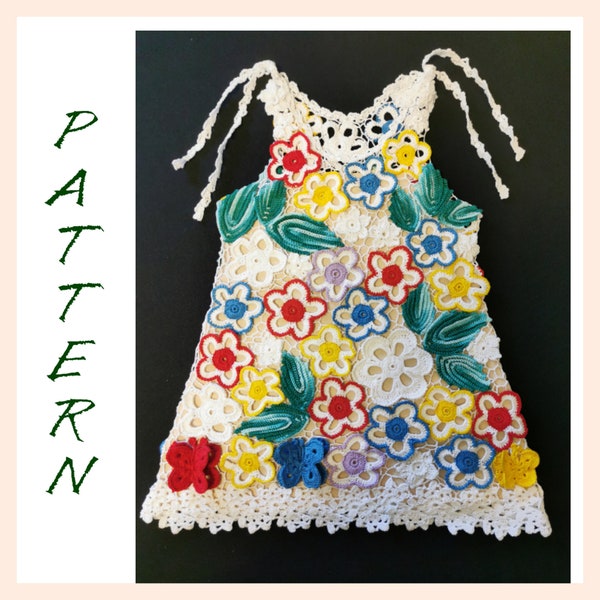 Patron de robe au crochet, tunique en dentelle au crochet irlandais pour fille, patron de robe d'été au crochet, tutoriel de robe ajourée, robe de fille de fleur en dentelle