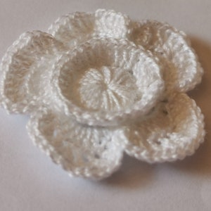 May include: A white crocheted flower with multiple layers of petals.