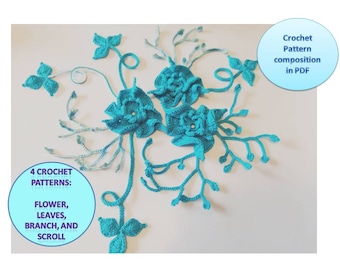 Gift for craft lover, Set of 4 crochet patterns, learn crocheting Cord, Leaves, Branch, and 3D flower, step by step crochet tutorial in PDF