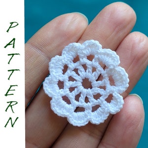 May include: A white crocheted doily with a delicate, intricate design. The doily is circular and has a raised center with a starburst pattern.