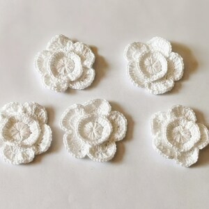 May include: Five white crocheted flowers with a layered design. The flowers are arranged in a semi-circle on a white background.