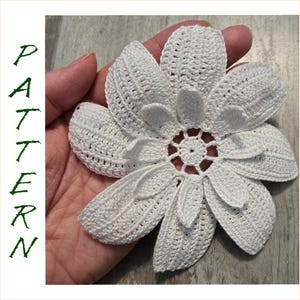 Può includere: Un fiore bianco all'uncinetto fatto a mano con più petali e un centro dettagliato. La parola "PATTERN" è scritta verticalmente in lettere verdi sul lato sinistro dell'immagine. Il fiore è tenuto in una mano.