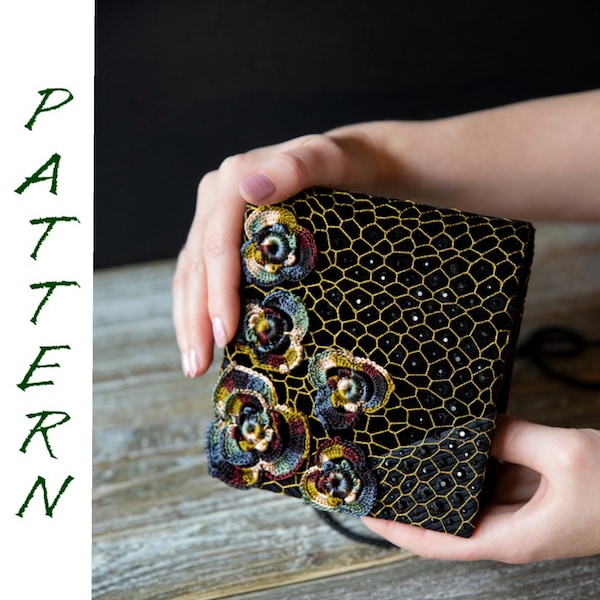 Irish crochet lace pattern décor for evening handbag. Crochet pattern applique for clutch. Purse with dark colorful roses tutorial PDF