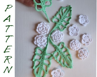 Set of 3 crochet patterns, learn crocheting, Leaves and 3D Clones flower, step by step crochet tutorial in PDF, crochet pattern for beginner