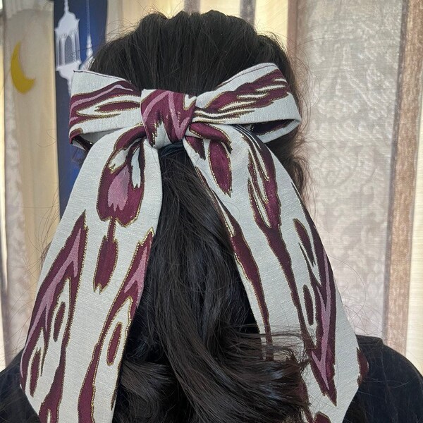 Atlas / Ikat Maroon Gold Large Bow Gold Details with Clip Hardware Thick Sturdy Fabric Silk Cotton Uzbek Uyghur Fashion