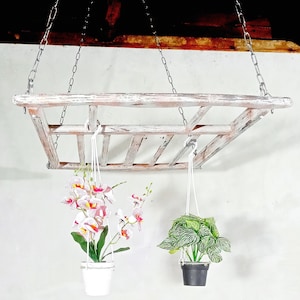 May include: White wooden hanging planter with two plants. One plant is a white orchid in a white pot and the other is a green plant in a black pot.