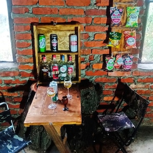 Zestaw 2 Barek wewnętrzny z uchwytem na przekąski, Barki ogrodowe, Barek ścienny, Barek na patio, Drewniana szafka barowa, Szafki na alkohol, Barek rozkładany
