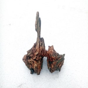 May include: A piece of driftwood with a natural, weathered appearance. The wood is a mix of brown and tan hues, with a rough, textured surface. The shape is irregular, with a tall, vertical section and a curved base.